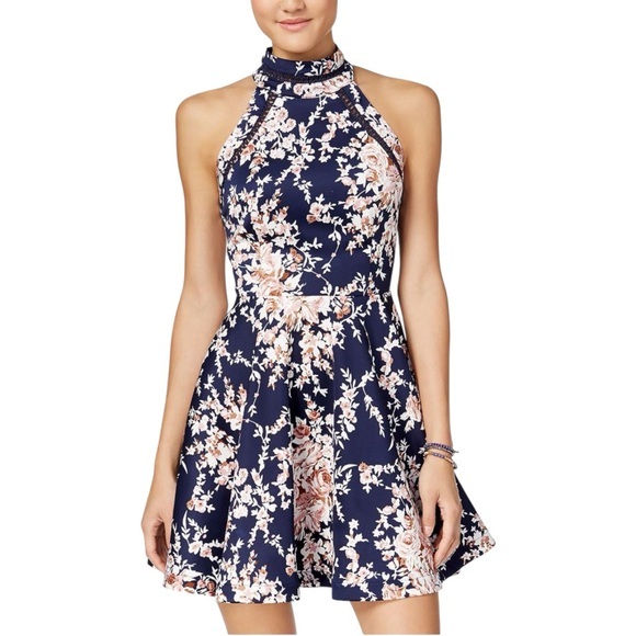 B. Darlin Womens Floral Printed Mini Halter Pleated Fit &‎ Flare Dress - Picture 1 of 14
